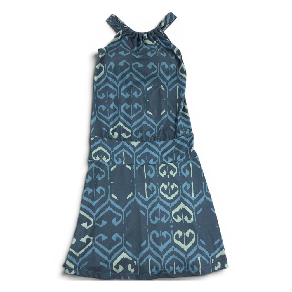 Prana Womens XS Blue Geometric Halter Dress Built-in Shelf Bra Drop Waist Travel